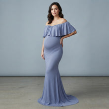Load image into Gallery viewer, Babymoon Off Shoulder Ruffle Neck Stretchable Maternity Gown Dress | Blue