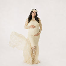 Load image into Gallery viewer, Babymoon Full Sleeve Net Lace Stretchable Maternity Gown Dress | Yellow