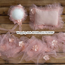Load image into Gallery viewer, Babymoon | Set of 3 | Baby Floral Net Wrap, Pillow & Bonnet | Baby Photography Props | Pink