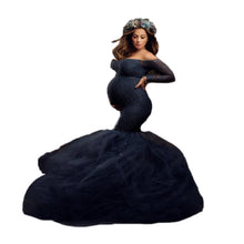 Load image into Gallery viewer, Babymoon Off Shoulder Maternity Gown Dress | Dark Blue