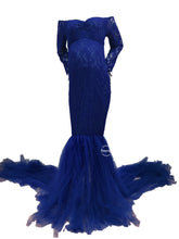 Load image into Gallery viewer, Babymoon Off Shoulder Maternity Gown Dress | Dark Blue