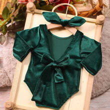 Load image into Gallery viewer, Babymoon Set of 2 | Baby Girl Velvet Romper & Hairband | Baby Photoshoot Props | Costume | Green | 0-1 Months