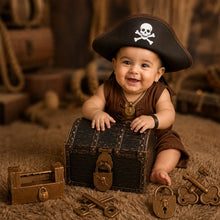 Load image into Gallery viewer, Babymoon Miniature Pirate Treasure Chest Box with Lock & Key | Antique Style Keepsake Organizer | Small Retro Jewellery Box | Storage Case for Baby Photoshoot Props | Decorative Add-ons