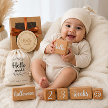 Load image into Gallery viewer, Babymoon Set of 8 | Milestone Timeline Wooden Calendar Blocks | Monthly-Yearly Birthday Blocks | Baby Photoshoot Props | Brown