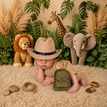 Load image into Gallery viewer, Babymoon Set of 3 | Baby Safari Jungle Explorer Theme outfit with Romper Mini Hat & Bag | Milestone Photoshoot Dress | Forest Adventure Campano Costume | 0-3 Months