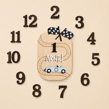 Load image into Gallery viewer, Babymoon Wooden Baby Monthly Milestone Cards Sign Set for Baby Photoshoot Props| 1-12 Months Interchangeable Numbers Prop Board with Glue Dots Product Photoshoot| Baby Boys & Girl’s Gift – Car Race Design