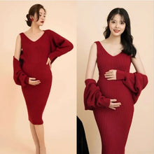 Load image into Gallery viewer, Babymoon Set of 3 | Stretchable Knitted Maternity Gown Dress with Cardigan and Hairband | Size L |Red