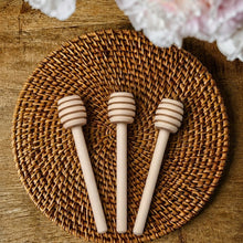 Load image into Gallery viewer, Babymoon Set of 3 | 8cm Mini Wooden Honey Dipper Sticks | Natural Wood Honey Spoon Dispenser Wand | Small Drizzle Stirrer Prop for Baby Food Photoshoot, Wedding Party Favours | Decorative Add-ons