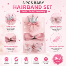 Load image into Gallery viewer, Babymoon | Set of 3 | Designer Princess Baby Girl’s Headbands | Hair Accessories | Crown Pink | Bow Pink | Bow White