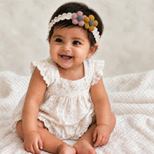 Load image into Gallery viewer, Babymoon | Set of 3 | Designer Princess Baby Girl’s Headbands | Hair Accessories | Flower Yellow | Star Blue | Round Grey
