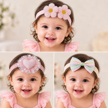 Load image into Gallery viewer, Babymoon | Set of 3 | Designer Princess Baby Girl’s Headbands | Hair Accessories | Flower Pink | Heart Blue | Bow Multi