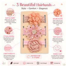 Load image into Gallery viewer, Babymoon | Set of 3 | Designer Princess Baby Girl’s Headbands | Hair Accessories | Flower Peach | White Flower