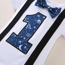 Load image into Gallery viewer, Babymoon 1st Birthday Cake Smash Outfit |Romper & Suspender Costume | 1 Yr - Blue