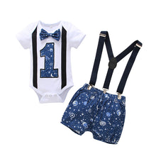 Load image into Gallery viewer, Babymoon 1st Birthday Cake Smash Outfit |Romper & Suspender Costume | 1 Yr - Blue