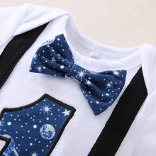 Load image into Gallery viewer, Babymoon 1st Birthday Cake Smash Outfit |Romper & Suspender Costume | 1 Yr - Blue