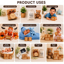Load image into Gallery viewer, Babymoon Set of 8 | Milestone Timeline Wooden Calendar Blocks | Monthly-Yearly Birthday Blocks | Baby Photoshoot Props | Brown