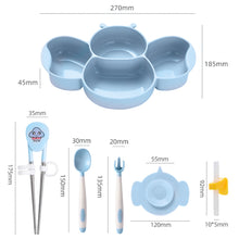 Load image into Gallery viewer, Babymoon Set of 6 | Silicone BPA Free Baby Kids Feeding Dinner Set Gift Box | Dinner Plate, Twisted Spoon & Fork, Suction Bowl Cup, Snap Straw, Chopsticks | Blue