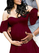 Load image into Gallery viewer, Babymoon Off Shoulder Maternity Gown Dress - Maroon

