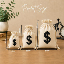 Load image into Gallery viewer, Babymoon Set of 3 | Canvas Money Bag Pouch with Drawstring Dollar Sign Baby Photoshoot Props | Halloween Cosplay | Coins Storage Bag