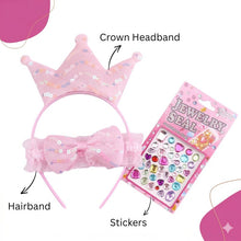 Load image into Gallery viewer, Babymoon Set of 3 | Baby Girls Kids Crown and Bow Headband with Gemstone Sticker Pack | Hair Accessories | Baby Gift Set | 3-8 Yrs