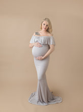 Load image into Gallery viewer, Babymoon Off Shoulder Ruffle Neck Stretchable Maternity Gown Dress | Grey