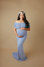 Load image into Gallery viewer, Babymoon Off Shoulder Ruffle Neck Stretchable Maternity Gown Dress | Blue