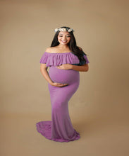 Load image into Gallery viewer, Babymoon Off Shoulder Ruffle Neck Stretchable Maternity Gown Dress | Purple