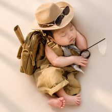 Load image into Gallery viewer, Babymoon Set of 3 | Baby Safari Jungle Explorer Theme outfit with Romper Mini Hat & Bag | Milestone Photoshoot Dress | Forest Adventure Campano Costume | 0-3 Months