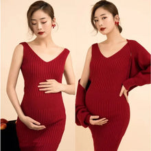 Load image into Gallery viewer, Babymoon Set of 3 | Stretchable Knitted Maternity Gown Dress with Cardigan and Hairband | Size L |Red