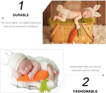 Load image into Gallery viewer, Babymoon Set of 3 | Baby Carrot Theme Rabbit Costume | Baby Photoshoot Props | Baby Gift Set | Short Hat & Carrot Toy | 0-3 Months
