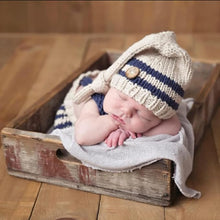Load image into Gallery viewer, Babymoon Set of 2 | Knitted Suspender with Baby Cap Hat | Baby Photography Props Costume | Baby Gift Set | Blue