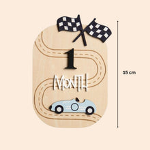 Load image into Gallery viewer, Babymoon Wooden Baby Monthly Milestone Cards Sign Set for Baby Photoshoot Props| 1-12 Months Interchangeable Numbers Prop Board with Glue Dots Product Photoshoot| Baby Boys & Girl’s Gift – Car Race Design