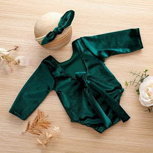 Load image into Gallery viewer, Babymoon Set of 2 | Baby Girl Velvet Romper & Hairband | Baby Photoshoot Props | Costume | Green | 0-1 Months