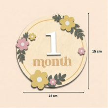 Load image into Gallery viewer, Babymoon Wooden Baby Monthly Milestone Cards Sign Set for Baby Photoshoot Props | 1-12 Months Interchangeable Numbers Tiles Prop Board with Glue Dots Product Photoshoot| Baby Boys & Girl’s Gift – Floral Design