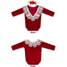 Load image into Gallery viewer, Babymoon | Set of 2 | Baby Velvet Romper and Hairband | Baby Photoshoot Props | Baby Costume | Red