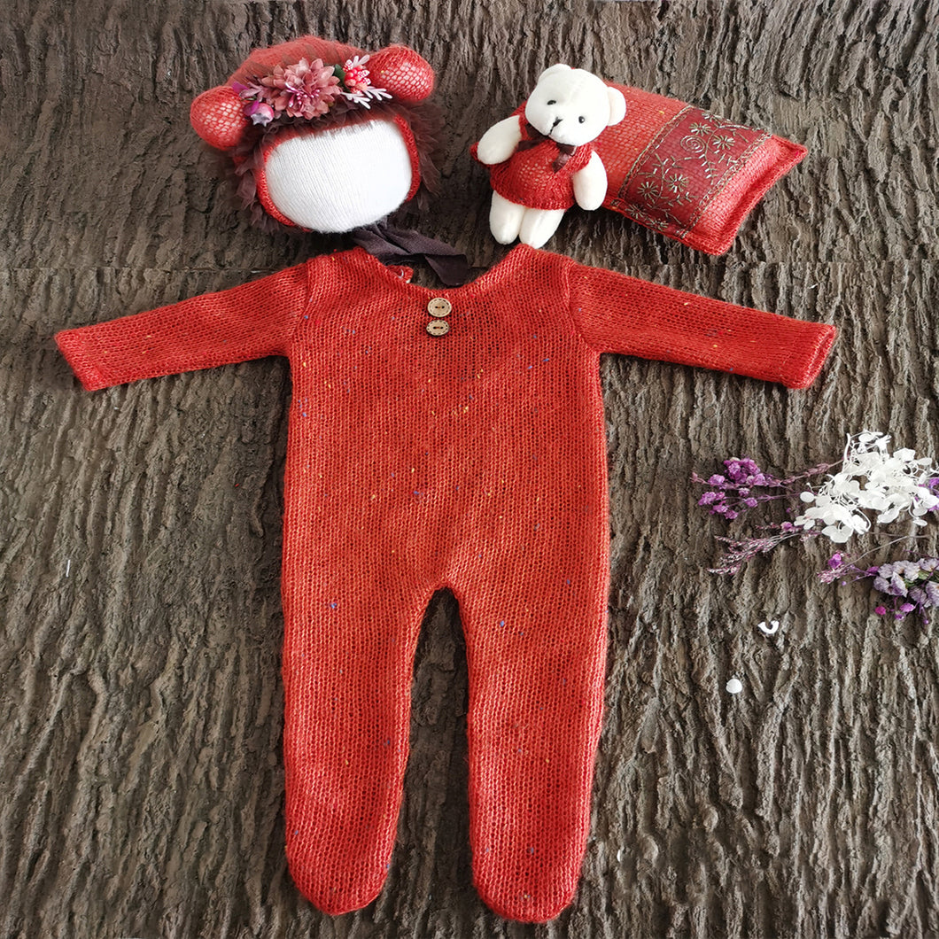 Babymoon | Set Of 4 | Romper, Pillow, Bear & Hat | Costume | Baby Photography Props | Red