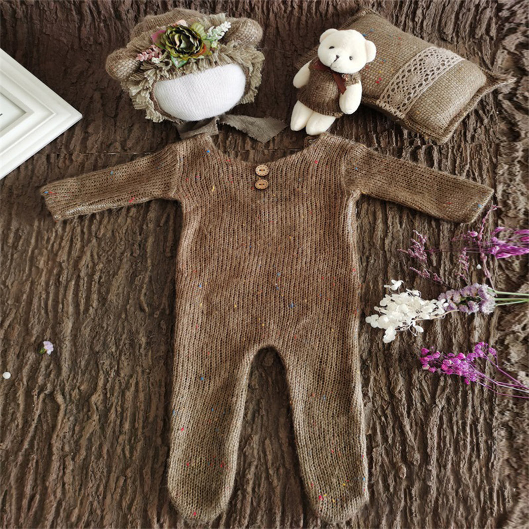 Babymoon | Set Of 4 | Romper, Pillow, Bear & Hat | Costume | Baby Photography Props | Brown