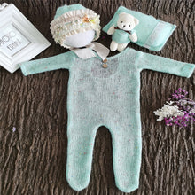 Load image into Gallery viewer, Babymoon | Set Of 4 | Romper, Pillow, Bear &amp; Hat | Costume | Baby Photography Props | Blue
