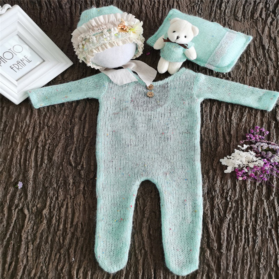 Babymoon | Set Of 4 | Romper, Pillow, Bear & Hat | Costume | Baby Photography Props | Blue