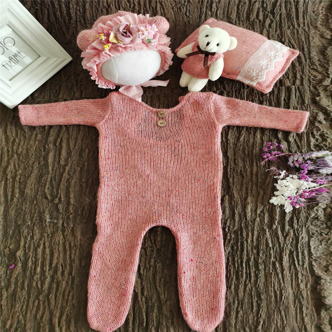 Babymoon | Set Of 4 | Romper, Pillow, Bear & Hat | Costume | Baby Photography Props | Pink
