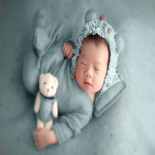 Load image into Gallery viewer, Babymoon | Set Of 4 | Romper, Pillow, Bear &amp; Hat | Costume | Baby Photography Props | Blue
