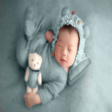 Load image into Gallery viewer, Babymoon | Set Of 4 | Romper, Pillow, Bear & Hat | Costume | Baby Photography Props | Blue