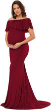Load image into Gallery viewer, Babymoon Off Shoulder Ruffle Neck Stretchable Maternity Gown Dress | Maroon