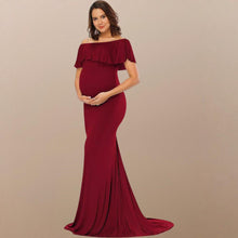 Load image into Gallery viewer, Babymoon Off Shoulder Ruffle Neck Stretchable Maternity Gown Dress | Maroon