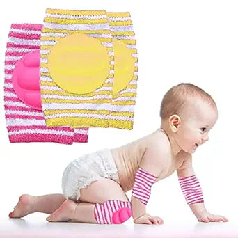 Babymoon Kids Padded Knee Pads for Crawling, Anti-Slip Stretchable Cotton Pack of 2 - Pink & Yellow