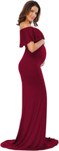 Load image into Gallery viewer, Babymoon Off Shoulder Ruffle Neck Stretchable Maternity Gown Dress | Maroon