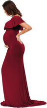 Load image into Gallery viewer, Babymoon Off Shoulder Ruffle Neck Stretchable Maternity Gown Dress | Maroon