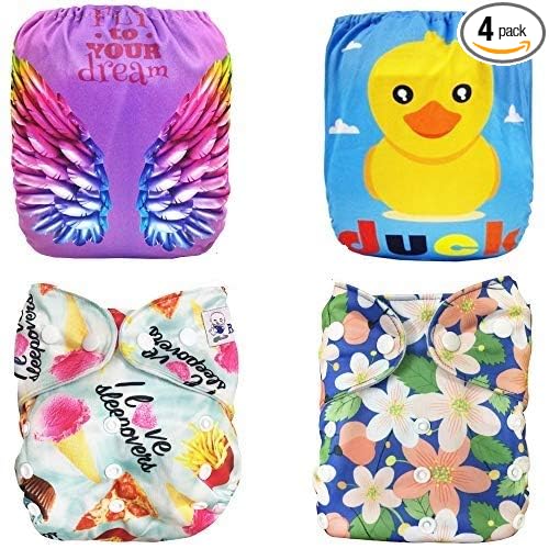 Babymoon (Pack of 4) Washable Adjustable Reusable Cloth Diaper - Butterfly, French Fries, Duck & Floral