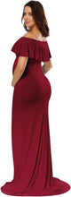 Load image into Gallery viewer, Babymoon Off Shoulder Ruffle Neck Stretchable Maternity Gown Dress | Maroon