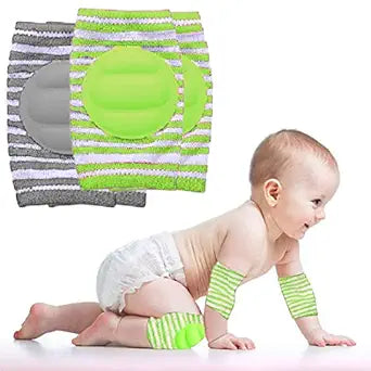 Babymoon Kids Padded Knee Pads for Crawling, Anti-Slip Stretchable Cotton Pack of 2 - Grey & Green